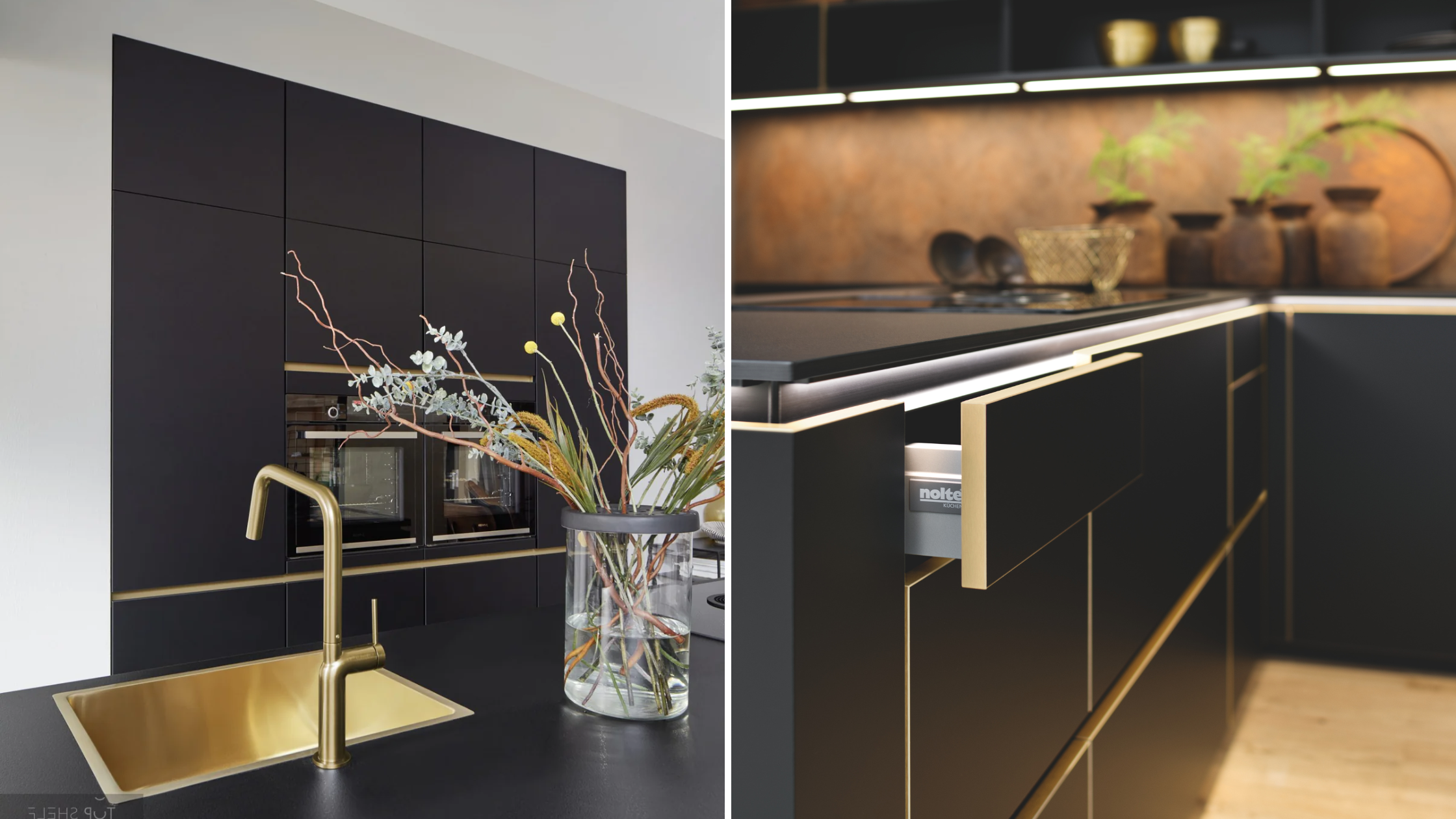 Zwarte keuken met goudkleurige en messing accenten