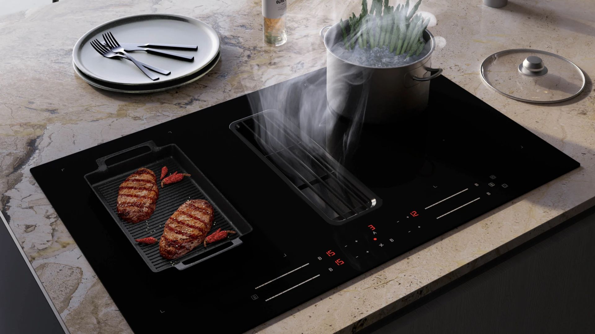 Inductiekookplaat met geïntegreerde afzuiging