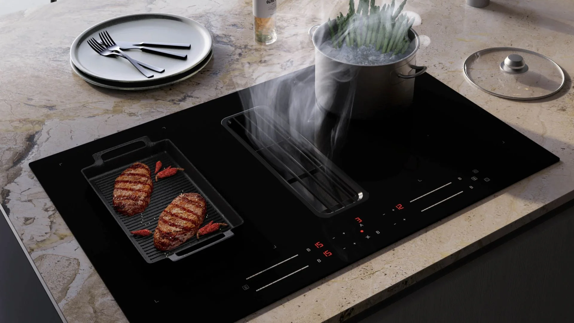 Inductiekookplaat met geïntegreerde afzuiging