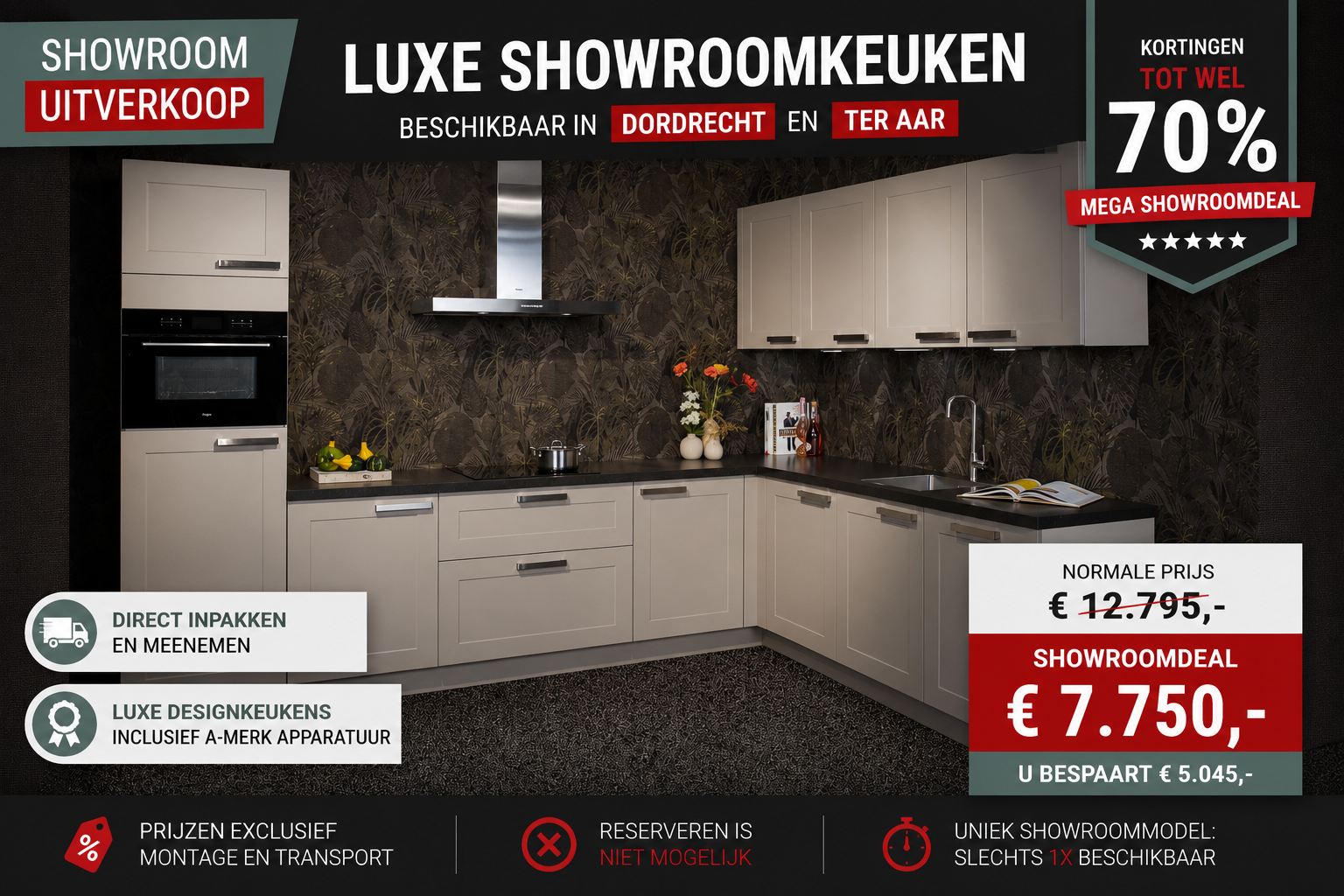 Prachtige showroom kaderhoekkeuken uitgevoerd in Lava met composiet werkblad in de showrooms van Keukenwarenhuis.nl in Ter Aar & Dordrecht