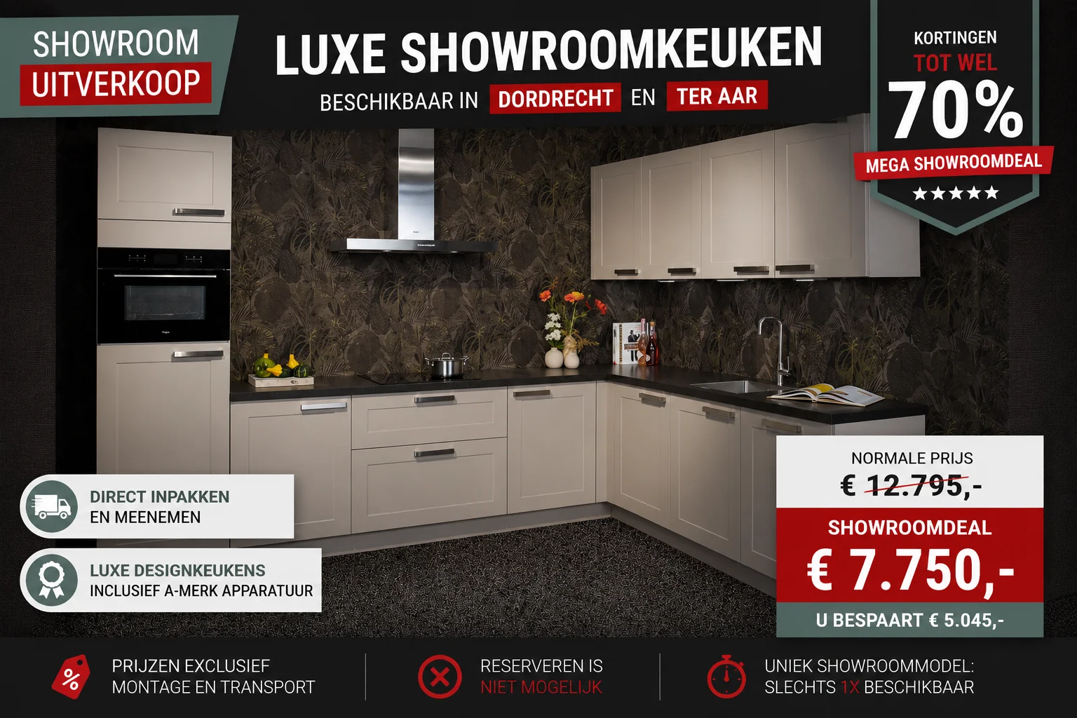 Prachtige showroom kaderhoekkeuken uitgevoerd in Lava met composiet werkblad in de showrooms van Keukenwarenhuis.nl in Ter Aar & Dordrecht