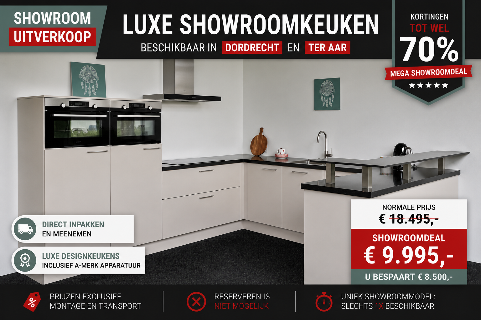Halve showroom U-keuken met bar en composiet werkblad in mat Sahara in de showrooms van Keukenwarenhuis.nl in Ter Aar & Dordrecht