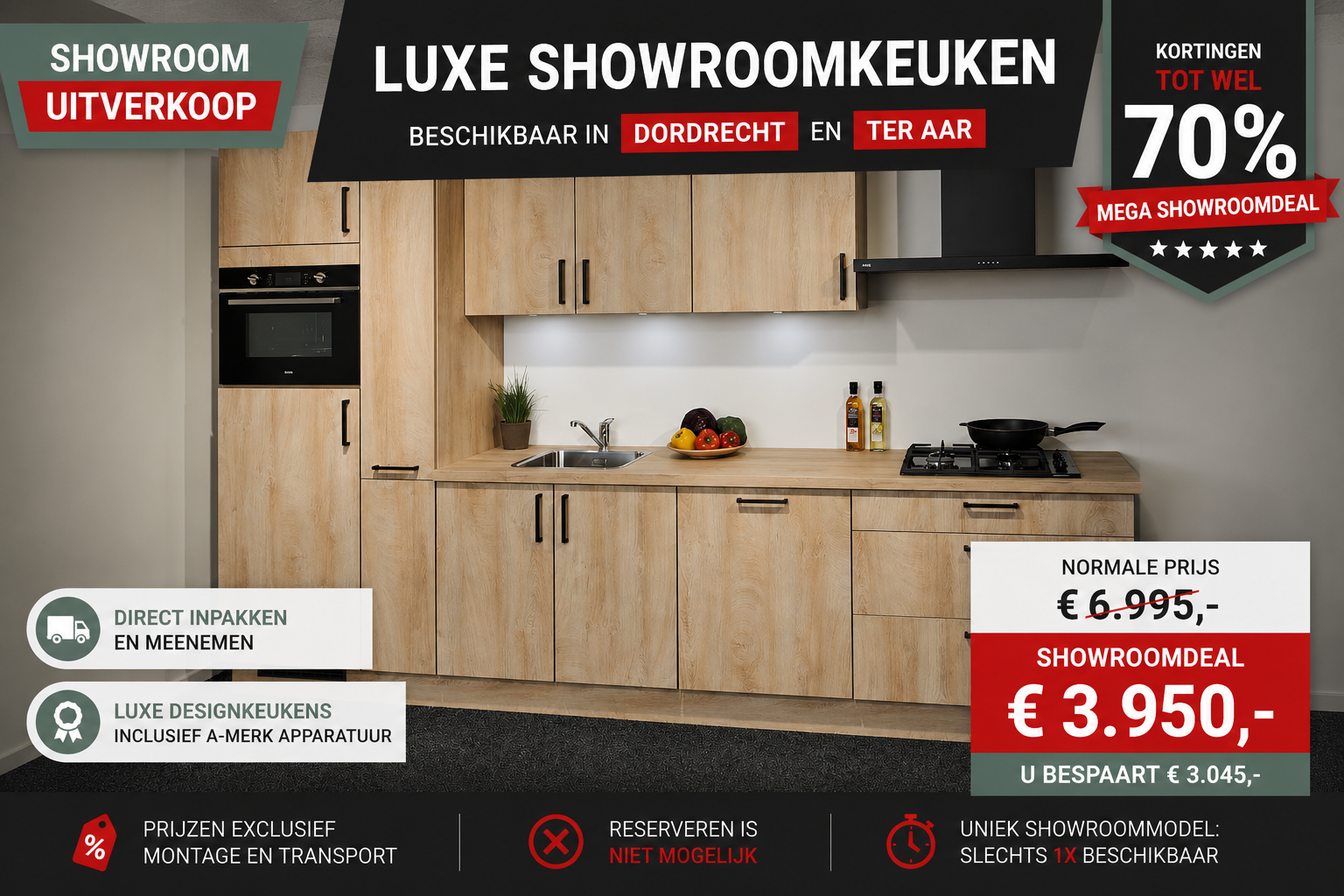 Prachtige Scandinavic Houtlook Rechte Showroomkeuken in de showrooms van Keukenwarenhuis.nl in Ter Aar & Dordrecht
