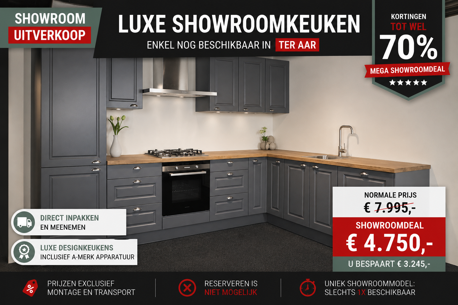 Landelijke showroom hoekkeuken met houtlook werkblad in Ter Aar