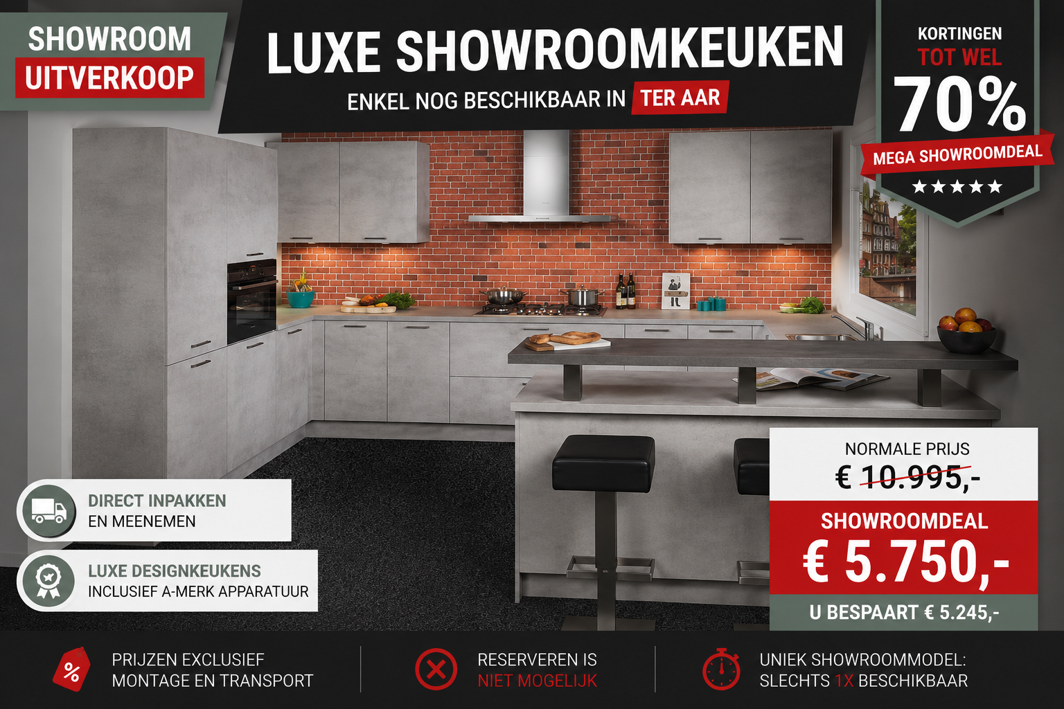 Prachtige Betonlook G-showroomkeuken met Bar in de showrooms van Keukenwarenhuis.nl in Ter Aar & Dordrecht