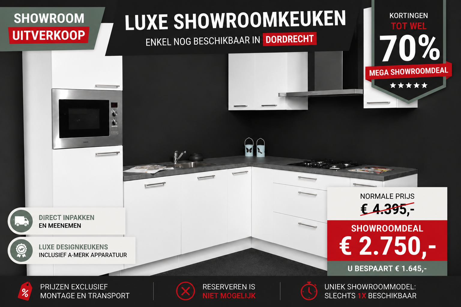 Showroomkeuken 128 uitgevoerd in hoogglans wit in de showroom van filiaal Dordrecht