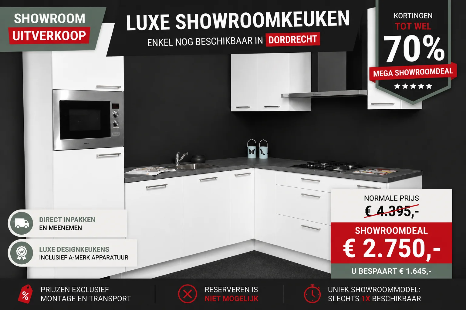 Showroomkeuken 128 uitgevoerd in hoogglans wit in de showroom van filiaal Dordrecht