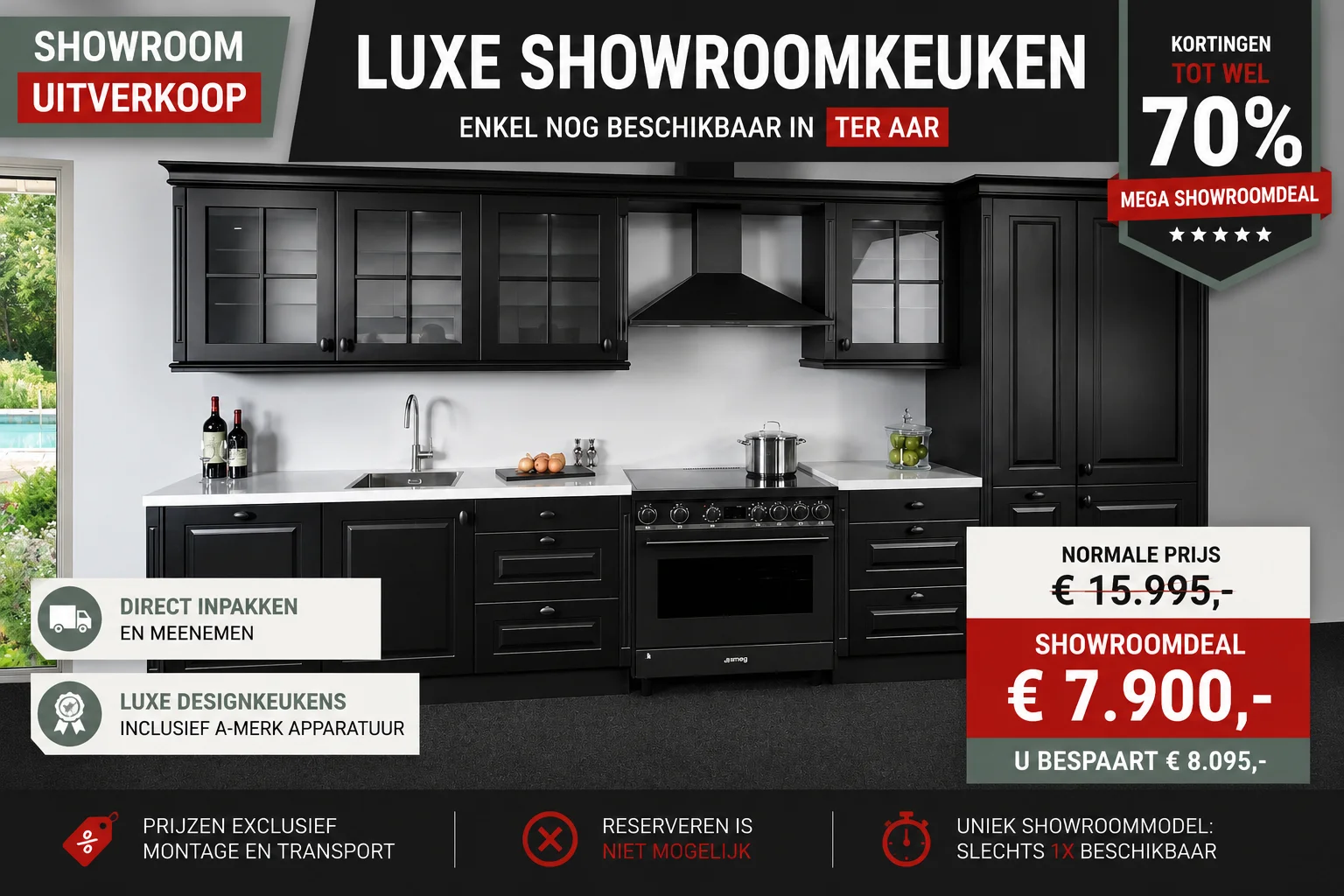 Matzwarte landelijke rechte showroomkeuken met composiet werkblad in de showroom van Keukenwarenhuis.nl in Ter Aar