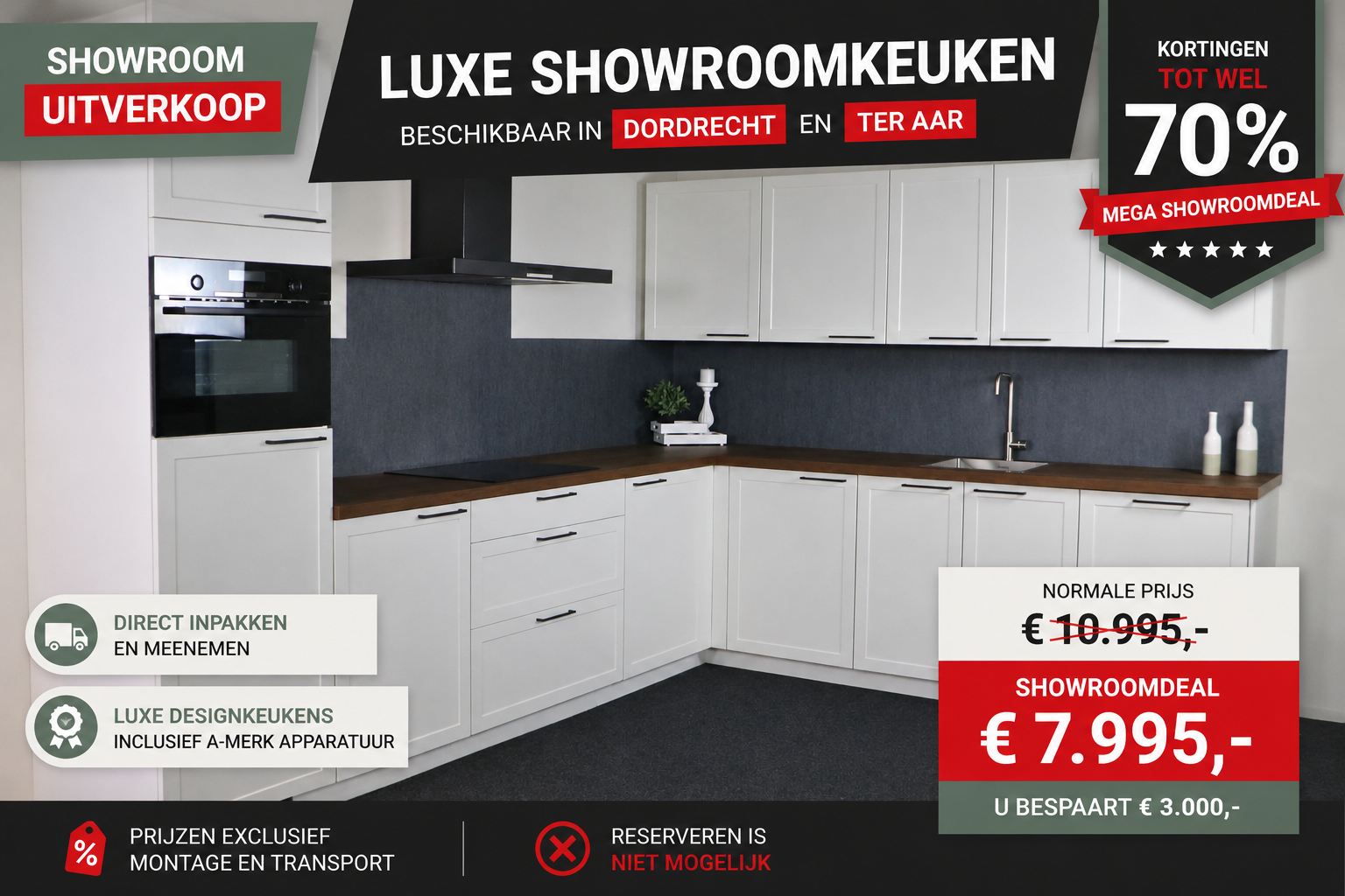Showroomkeuken 50 uitgevoerd in zijdemat wit in de showrooms van Keukenwarenhuis.nl in Dordrecht en Ter Aar