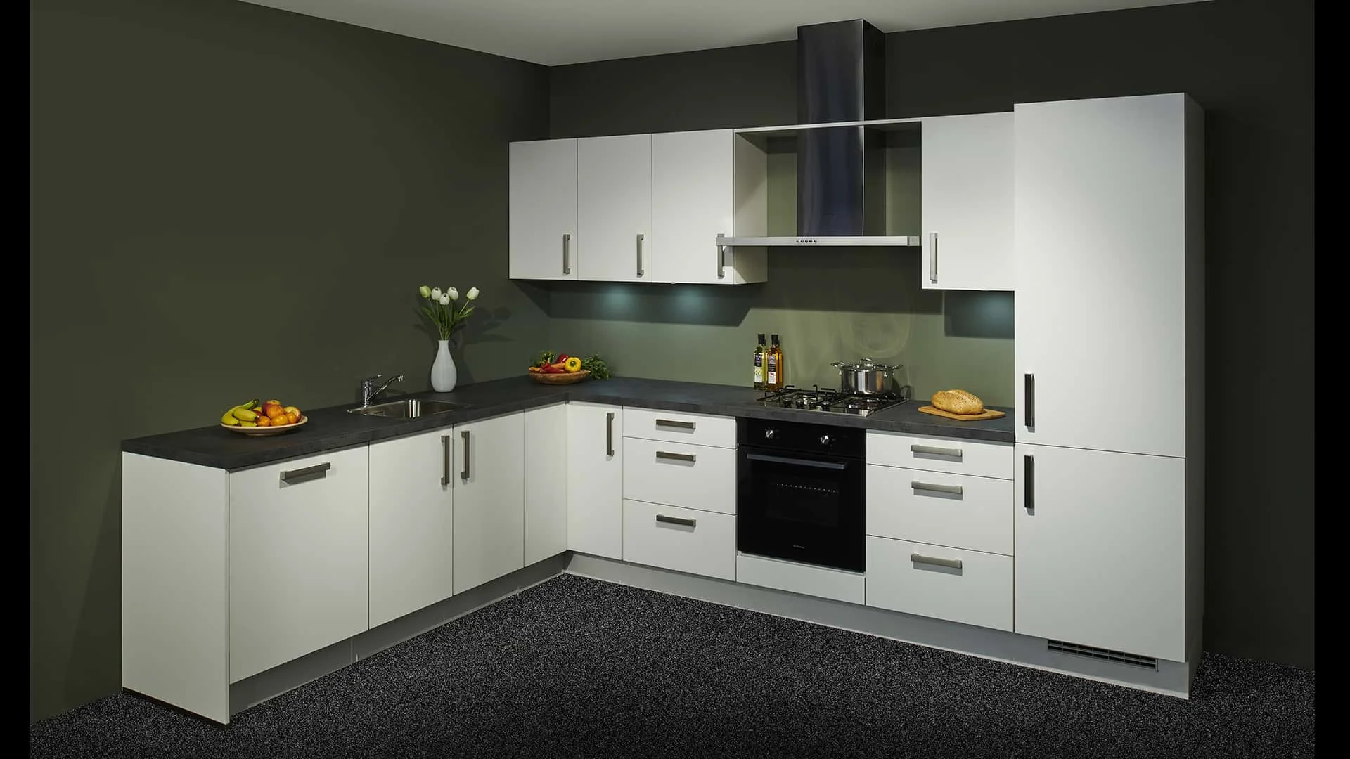 Showroomkeuken 75 uitgevoerd in softmat wit in de showroom van filiaal Dordrecht