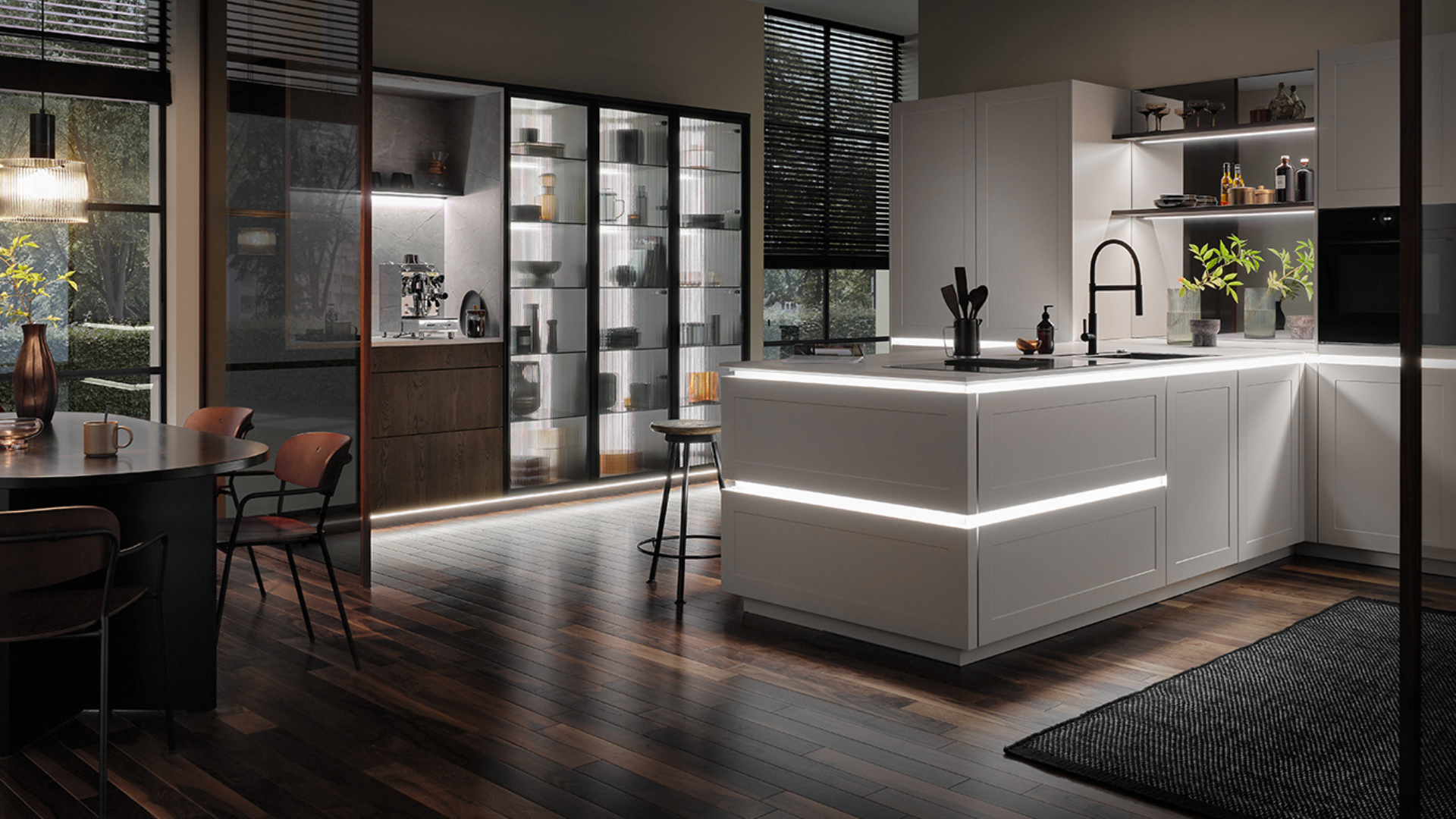 Moderne Bauformat keuken met wit kookeiland, sfeervolle LED-verlichting en hoogwaardige Duitse kwaliteit bij Keukenwarenhuis.nl