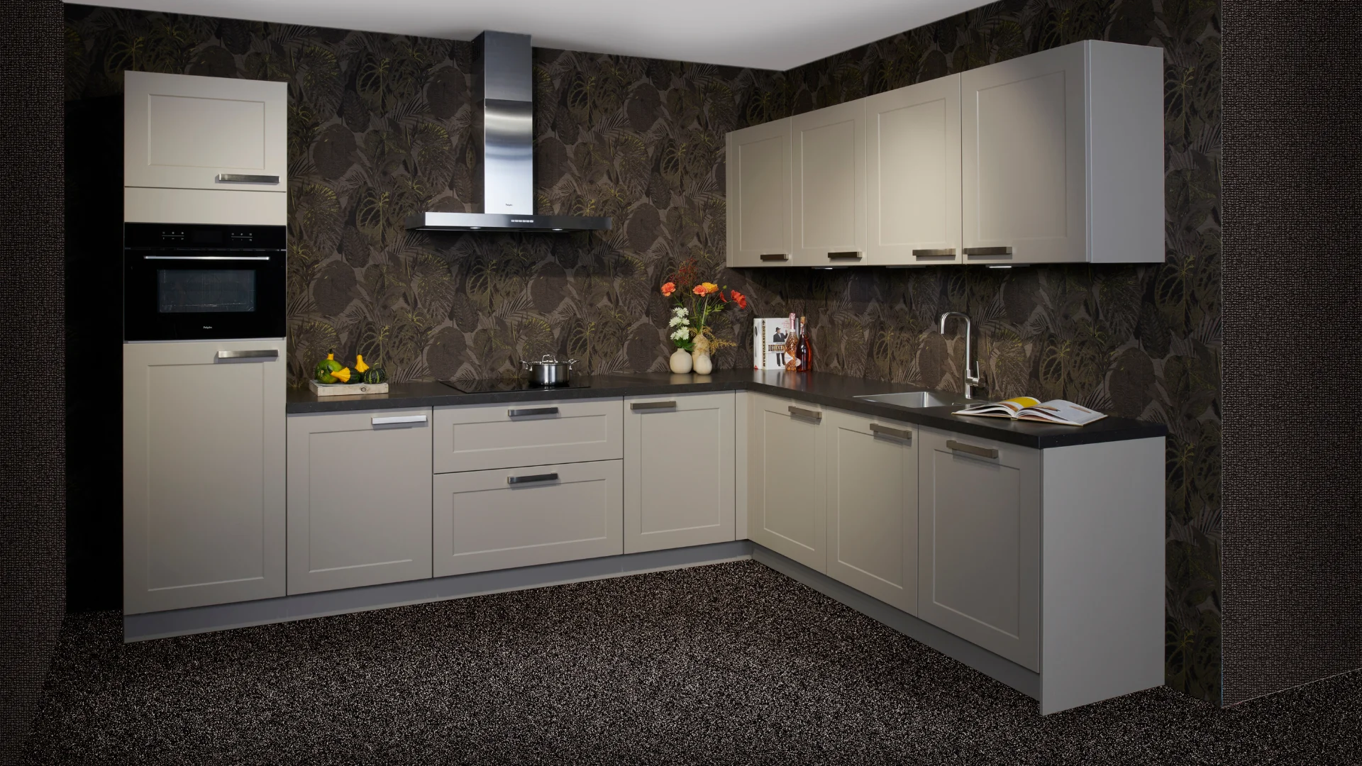 Landelijke taupe hoekkeuken in de showrooms van Keukenwarenhuis.nl