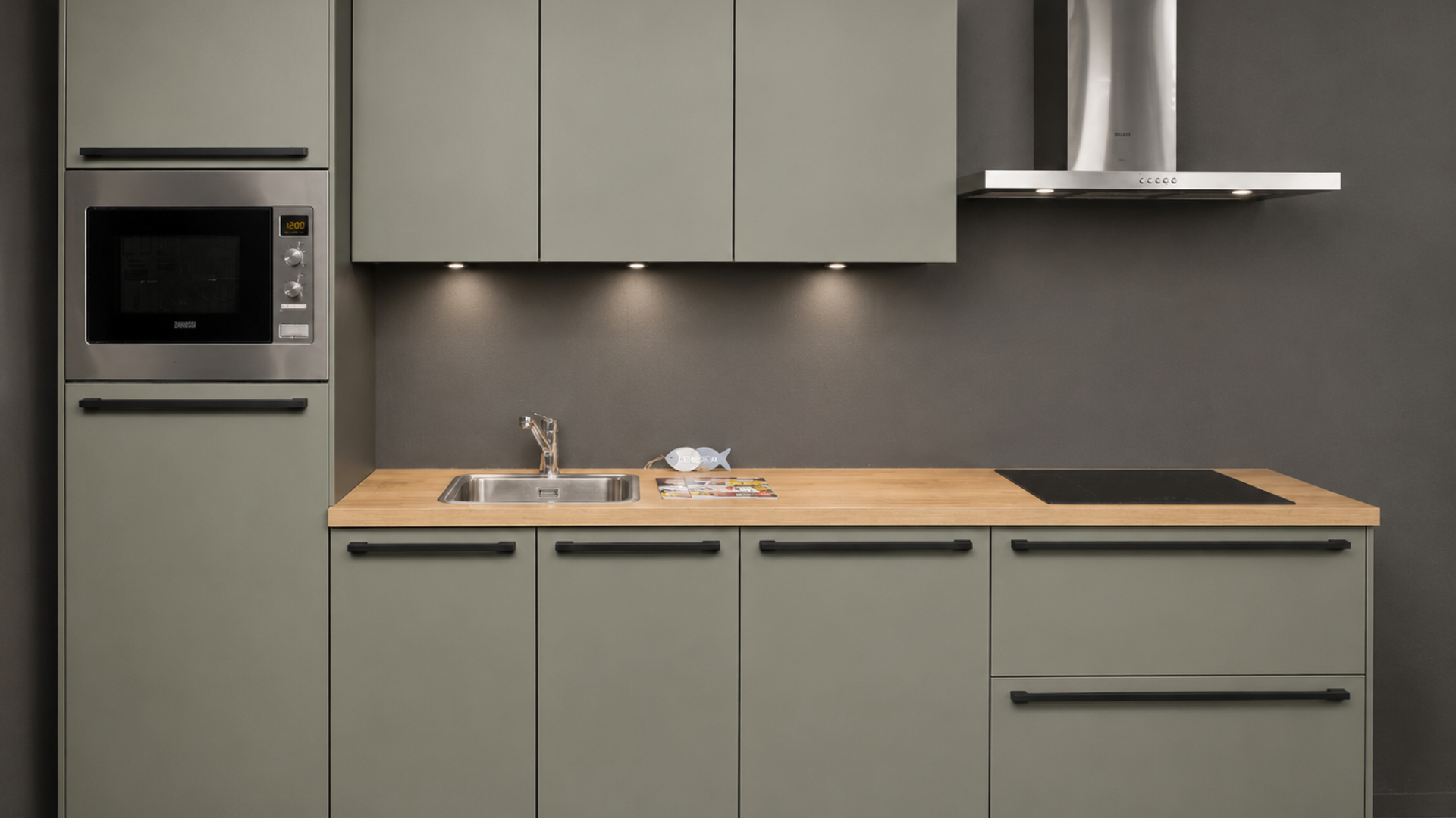 Een mat groene pantry keuken direct uit voorraad leverbaar vanuit de mega showrooms van Keukenwarenhuis.nl in Ter Aar en Dordrecht