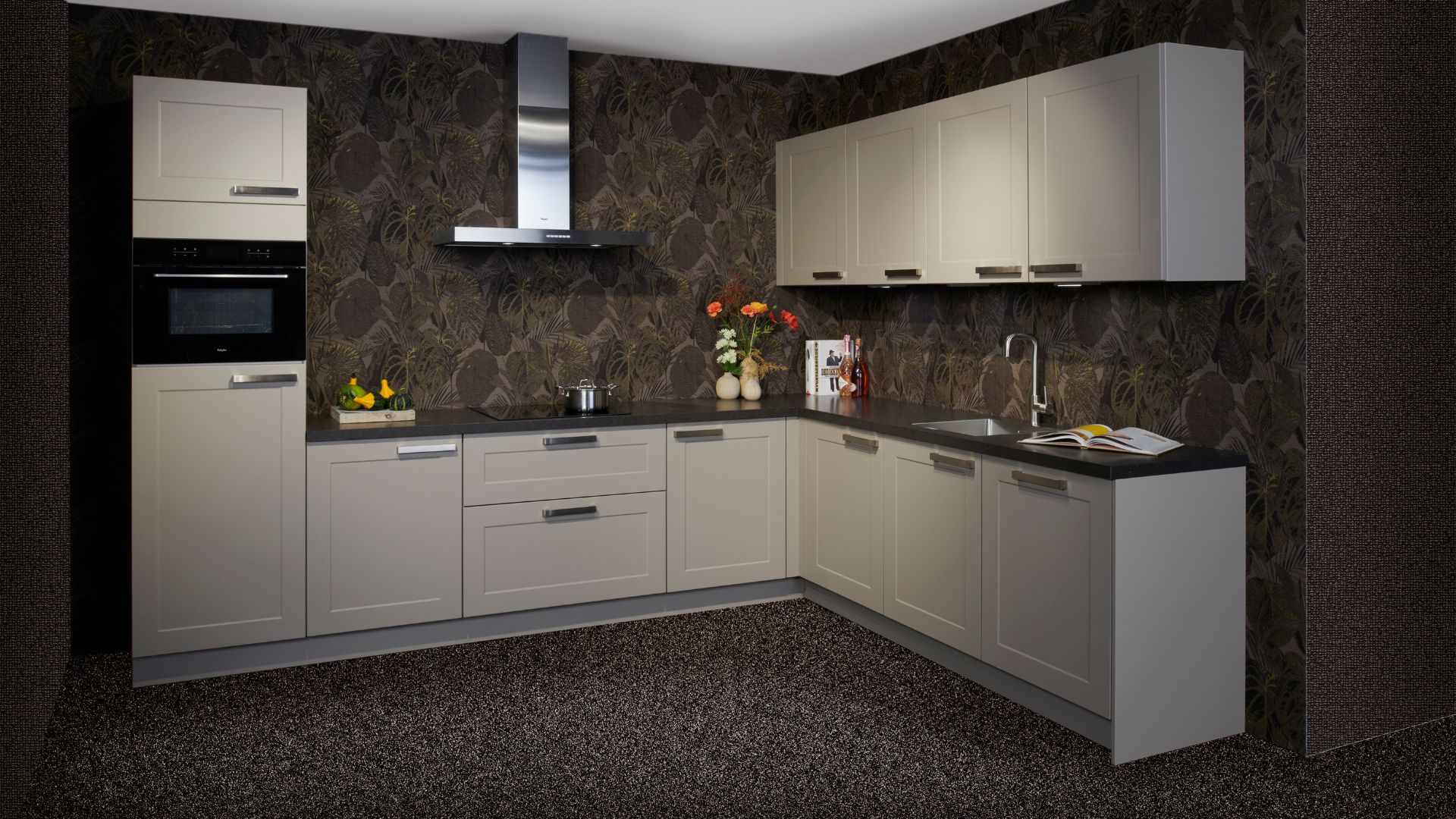 Prachtige showroom kaderhoekkeuken uitgevoerd in Lava met composiet werkblad in de showrooms van Keukenwarenhuis.nl in Ter Aar & Dordrecht