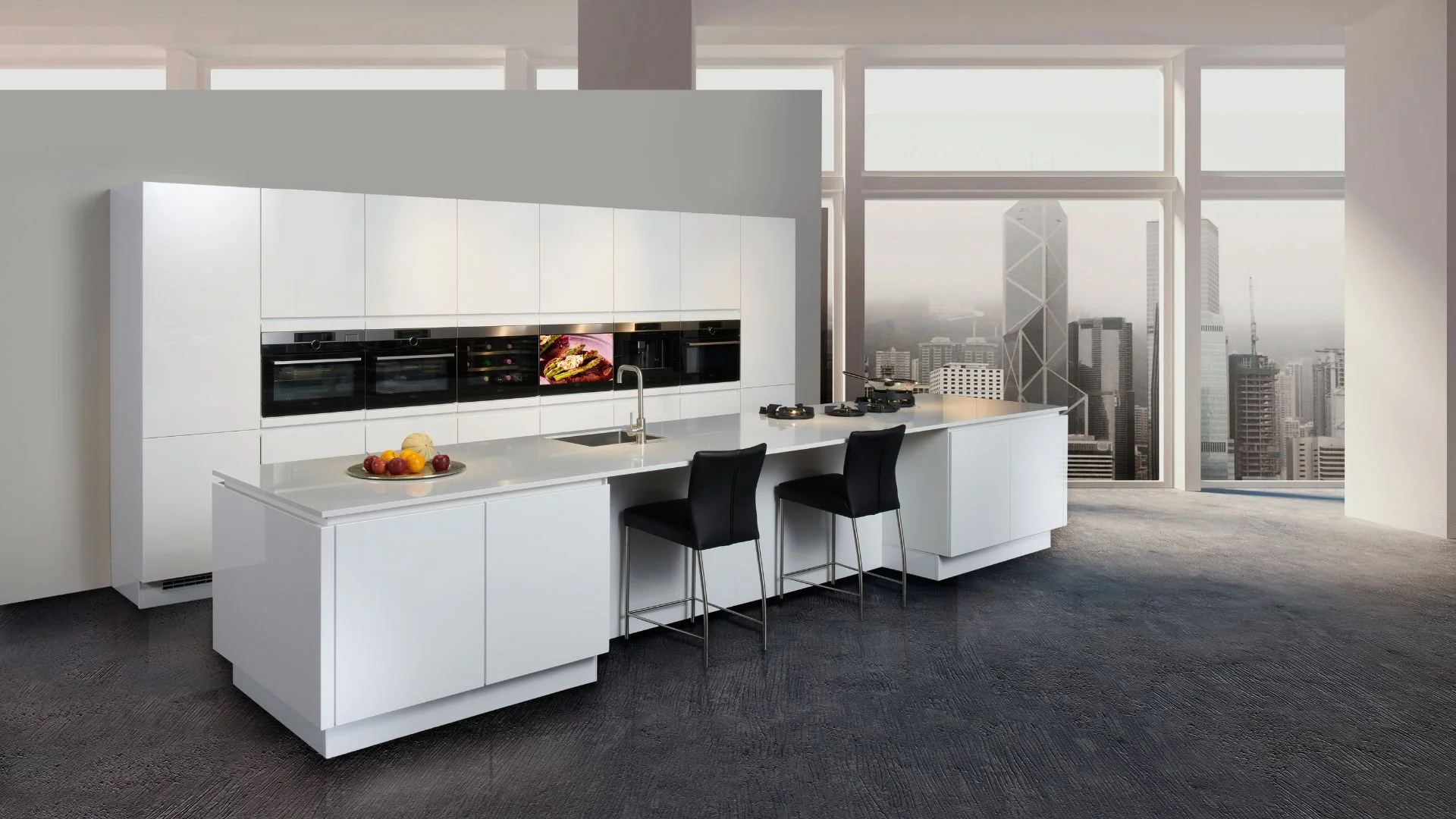 Luxe hoogglans witte showroomkeuken met kookeiland in de showroom van Keukenwarenhuis.nl in Ter Aar