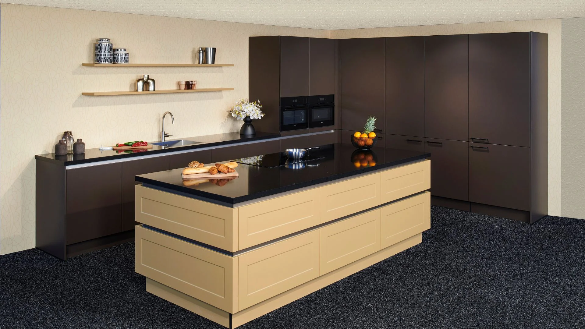 Luxe eilandkeuken in Sepiabruin/Caramel Softmatt met composiet werkblad in de showroom van Keukenwarenhuis.nl in Ter Aar