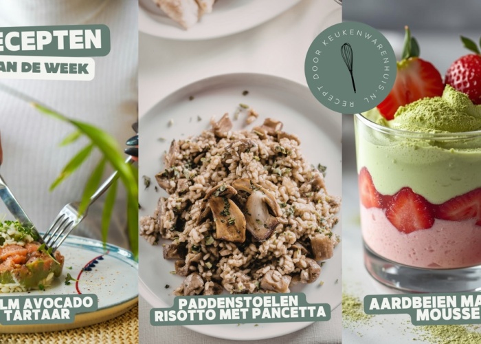 Zalm avocado tartaar, Paddenstoelen risotto met pancetta en Strawberry matcha mousse