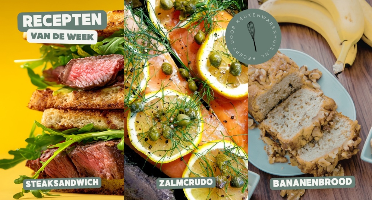 Steaksandwich, Zalmcrudo met crispy rijstvel en Bananenbrood