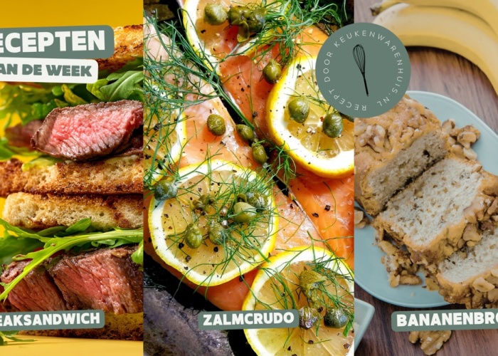 Steaksandwich, Zalmcrudo met crispy rijstvel en Bananenbrood