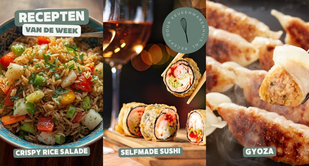 crispy rice komkommer salade, homemade sushi en gyoza