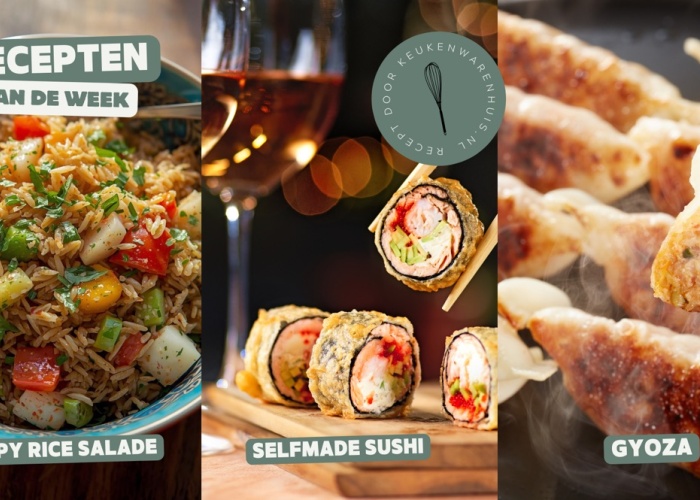 Crispy rice komkommer salade, homemade sushi en gyoza