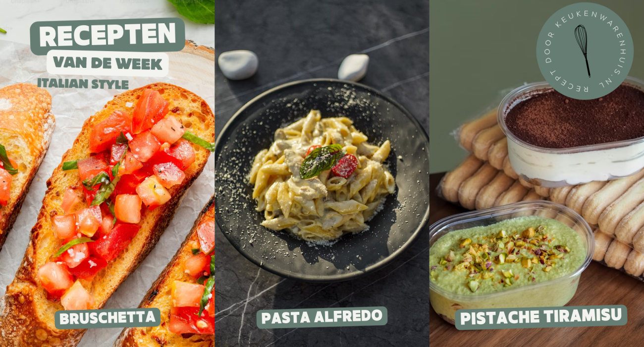 Bruschetta, Pasta Alfredo en Pistache Tiramisu