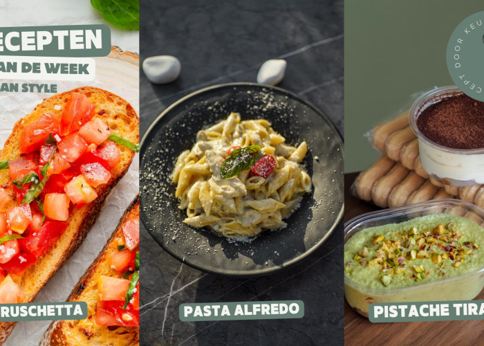 Bruschetta, Pasta Alfredo en Pistache Tiramisu