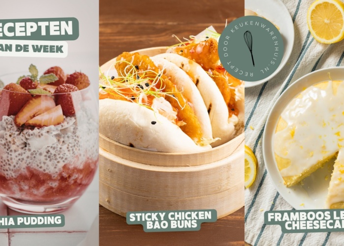Chia pudding, sticky chicken bao buns en framboos lemon cheesecake