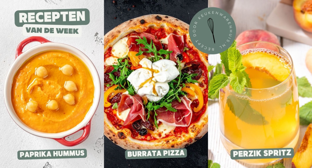 Geroosterde paprika hummus, burrata pizza en perzik Spritz cocktail