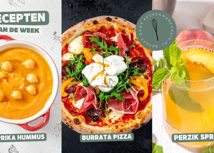 Geroosterde paprika hummus, burrata pizza en perzik Spritz cocktail