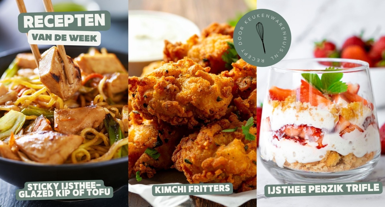 IJsthee glazed kip, kimchi-fritters en ijsthee-perzik trifles