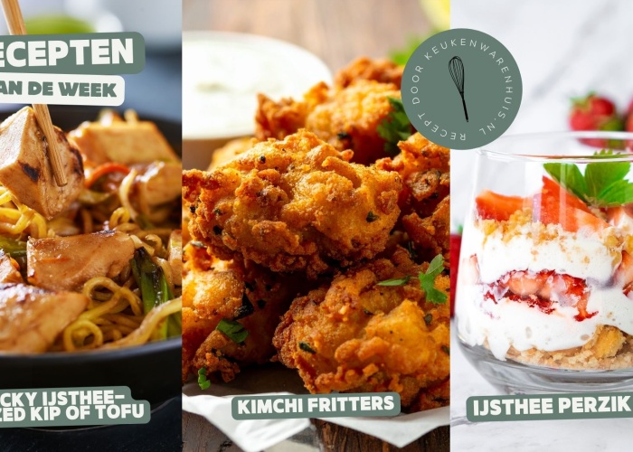 IJsthee glazed kip, kimchi-fritters en ijsthee-perzik trifles