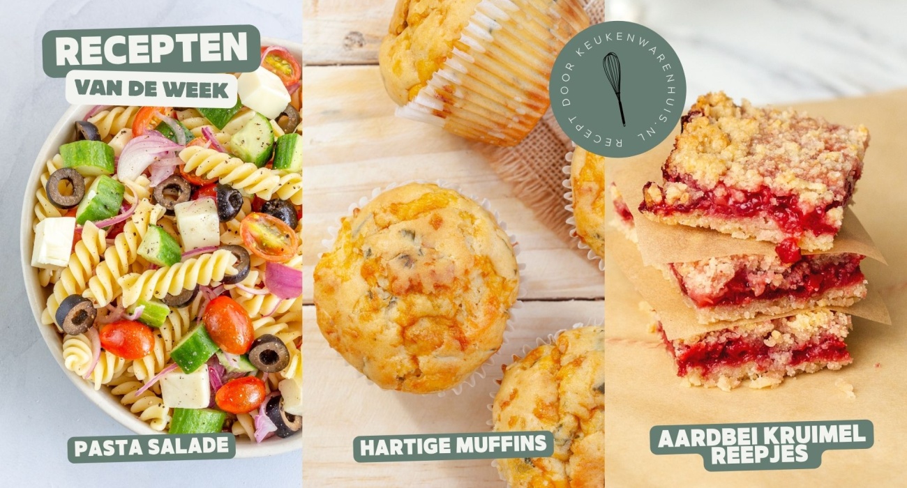 Mediterrane pastasalade, hartige muffins en aardbeienkruimel reepjes