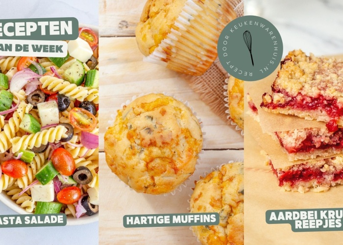 Mediterrane pastasalade, hartige muffins en aardbeienkruimel reepjes