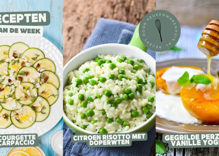 Zomers menu: courgettecarpaccio, citroenrisotto en gegrilde perziken