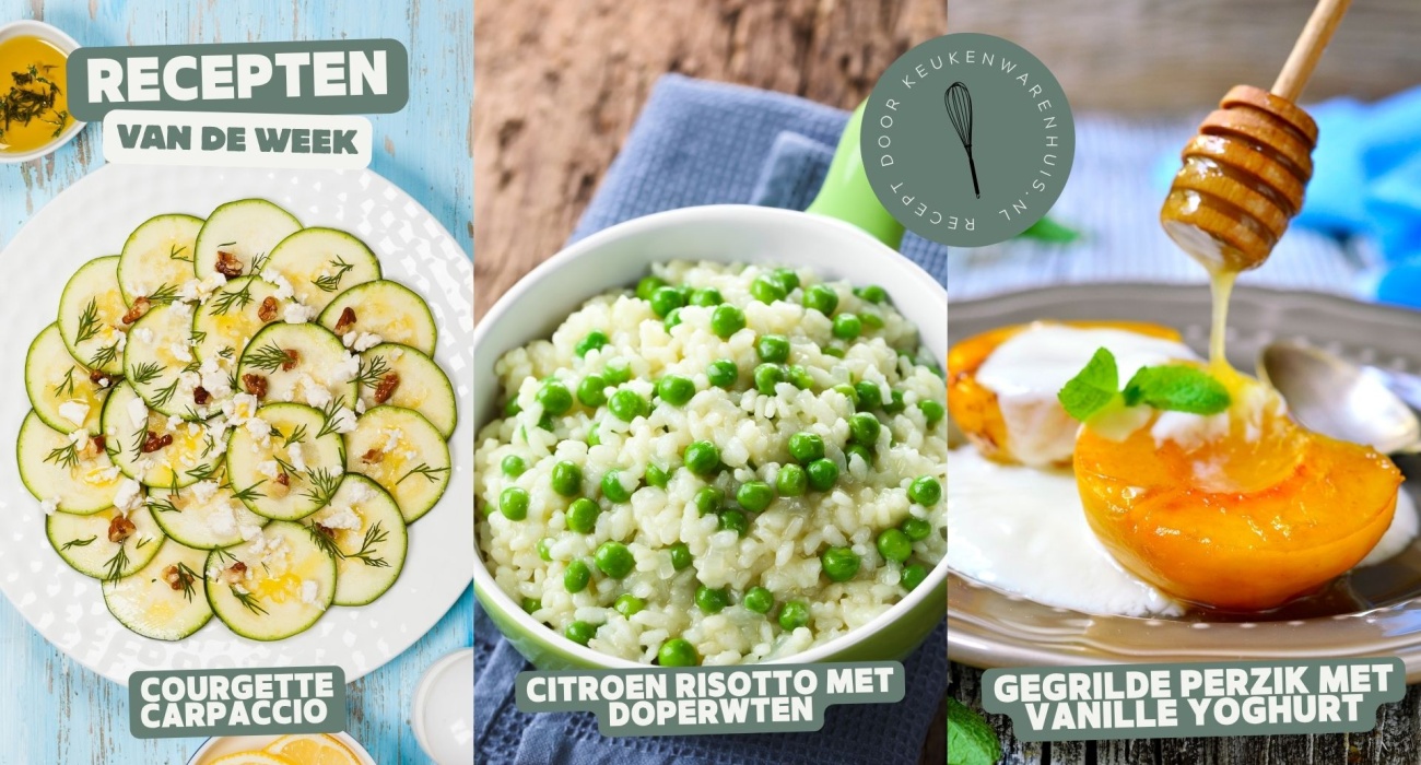 Zomers menu: courgettecarpaccio, citroenrisotto en gegrilde perziken