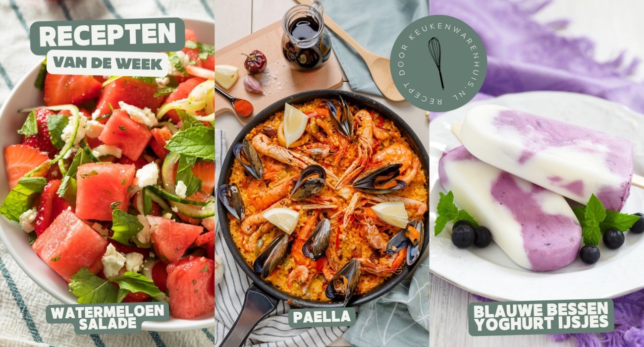 Watermeloen-feta salade, zomerse paella en blauwe bessen yoghurtijsjes