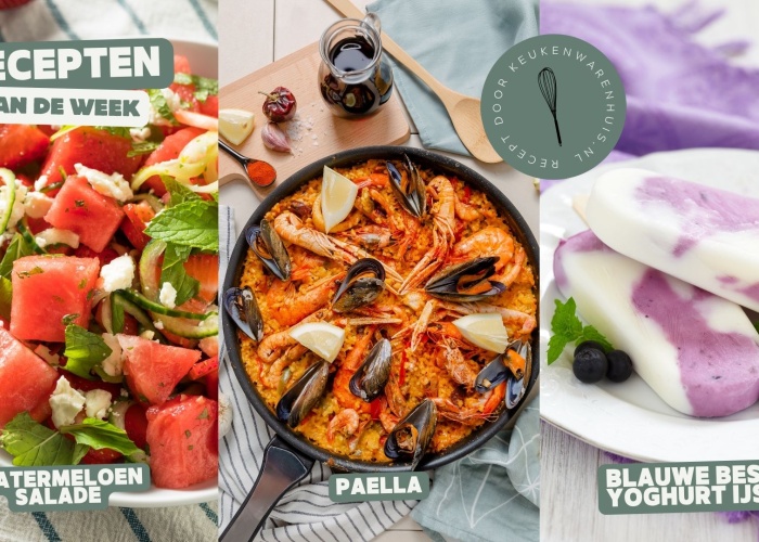 Watermeloen-feta salade, zomerse paella en blauwe bessen yoghurtijsjes