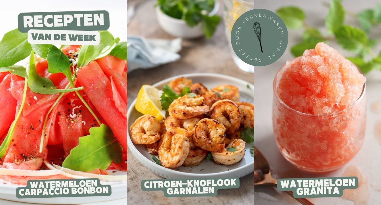 Watermeloen carpaccio bonbon, citroen-knoflookgarnalen & watermeloen granita