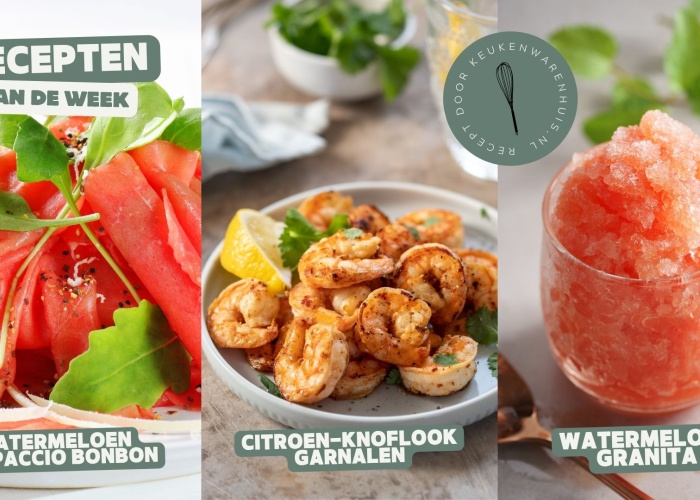 Watermeloen carpaccio bonbon, citroen-knoflookgarnalen & watermeloen granita