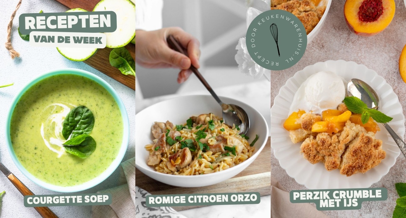 Courgette soep, romige citroen orzo en perzik crumble met ijs