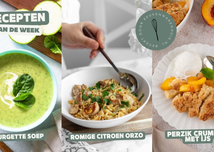 Courgette soep, romige citroen orzo en perzik crumble met ijs